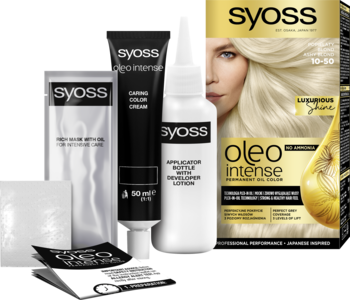Syoss Oleo Intense 10-50 Popielaty Blond, zestaw farby do włosów bez amoniaku, tuby i butelka aplikatora.