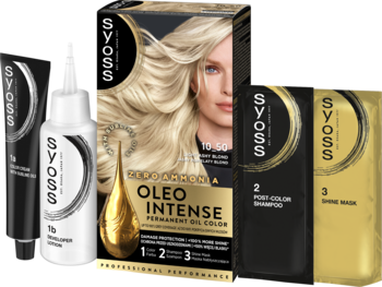 Syoss Oleo Intense 10-50 Popielaty Blond, trwała koloryzacja bez amoniaku, zestaw z tubką i butelką na białym tle.