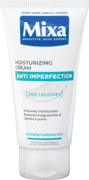 Biała tuba Mixa Moisturizing Cream Anti Imperfection z niebiesko-zielonym napisem, widok z przodu. Zawiera cynk.