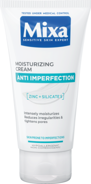 Biała tuba Mixa Moisturizing Cream Anti Imperfection z niebiesko-zielonym napisem, widok z przodu. Zawiera cynk.