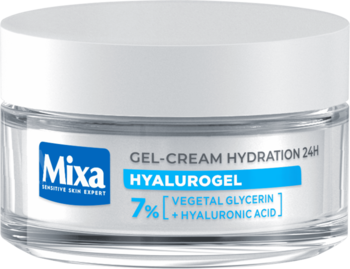 Mixa Hyalurogel w przezroczystym słoiku z białą nakrętką, widok z przodu. Nawilżający żel-krem z kwasem hialuronowym.