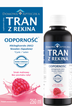 Białe pudełko z malinami i ciemna butelka Tran z Rekina malinowy, 250 ml, na odporność.