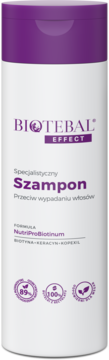 Biały szampon Biotebal Effect przeciw wypadaniu włosów, butelka z fioletową nakrętką i logo, widok z przodu.
