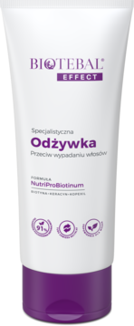 Biotebal Effect Odżywka Przeciw Wypadaniu Włosów, biała tubka z fioletowym logo i tekstem, widok z przodu.