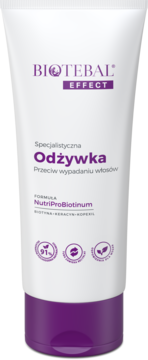 Biotebal Effect Odżywka Przeciw Wypadaniu Włosów, biała tubka z fioletowym logo i tekstem, widok z przodu.