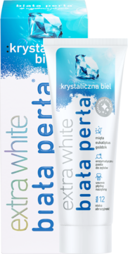 Biała Perła Extra White, wybielająca pasta do zębów Krystaliczna Biel w białej tubce i opakowaniu, widok z przodu.