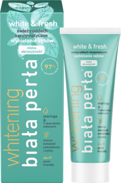 Zielono-biała pasta Biała Perła White & Fresh Moringa: tuba i pudełko, enzymatyczne wybielanie i świeży oddech.