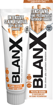 BlanX Anty-Osad, biała pasta do zębów z bambusem, tuba i kartonowe opakowanie, widok pod kątem.