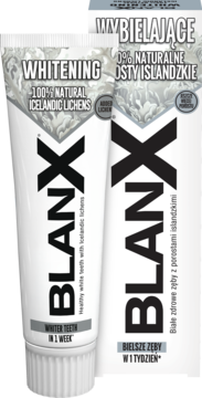 BlanX Whitening Toothpaste z 100% naturalnymi porostami islandzkimi, biała tuba i pudełko, front.