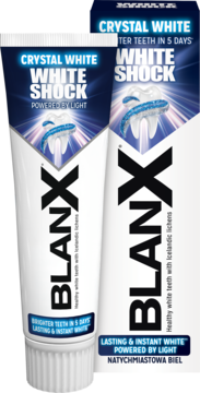 BlanX White Shock Crystal White pasta do zębów, tubka i pudełko. Wybiela zęby światłem, niebieskie akcenty.
