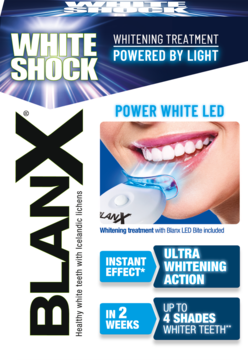 BlanX White Shock wybielanie zębów, pudełko z lampą LED, biało-niebieskie z napisami, widok z przodu.