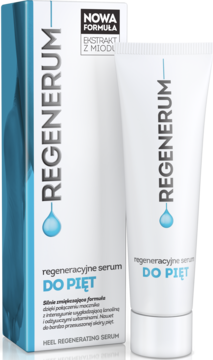 Regenerum regeneracyjne serum do pięt: biała tubka i błękitno-białe pudełko z niebieskim napisem, widok z przodu.