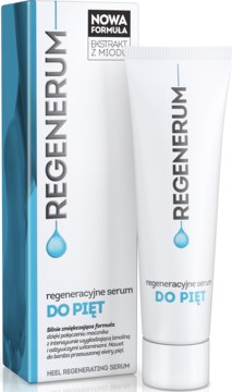 Regenerum regeneracyjne serum do pięt: biała tubka i błękitno-białe pudełko z niebieskim napisem, widok z przodu.