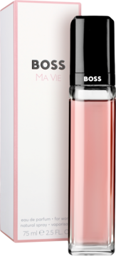 BOSS MA VIE woda perfumowana 75ml: różowy flakon z czarną nakrętką, biało-różowe pudełko z logo, widok z przodu.