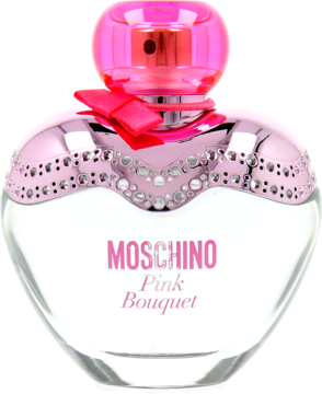 Moschino Pink Bouquet woda toaletowa, szklana butelka w serce, różowa nakrętka, srebrne detale z cyrkoniami.
