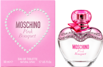 Moschino Pink Bouquet woda toaletowa, różowe pudełko z sercem i sercowaty flakon z różową kokardką, widok z przodu.