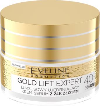 Eveline Gold Lift Expert 40+ luksusowy ujędrniający krem-serum z 24K złotem, złoty słoiczek, widok z przodu.