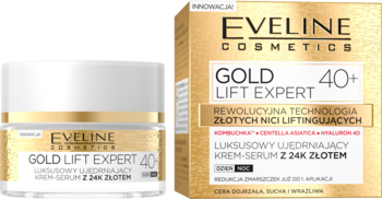 Eveline Gold Lift Expert 40+ luksusowy krem-serum z 24K złotem, widok na złoto-biały słoiczek i pudełko.