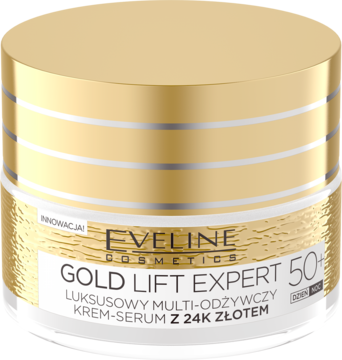Eveline Gold Lift Expert 50+ krem-serum z 24K złotem, złota zakrętka, biały słoiczek, widok z przodu.