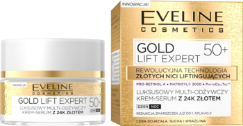 Eveline Gold Lift Expert 50+ krem-serum z 24K złotem, złoty słoiczek i pudełko, widok z przodu.