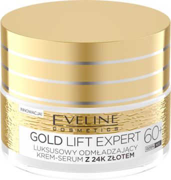 Złoty krem-serum Eveline Gold Lift Expert 60+ w okrągłym słoiku, widok z przodu, z napisem 24K ZŁOTEM.