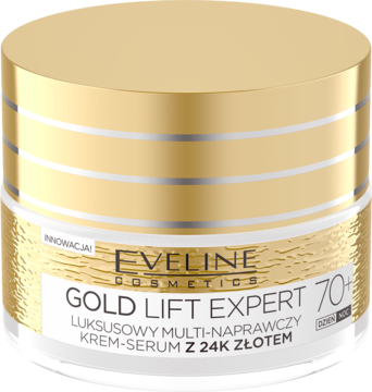 Eveline Gold Lift Expert 70+, krem-serum z 24K złotem, w białym słoiku ze złotą zakrętką, widok frontalny.