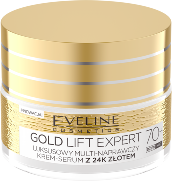 Eveline Gold Lift Expert 70+, krem-serum z 24K złotem, w białym słoiku ze złotą zakrętką, widok frontalny.