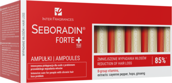 Czerwono-białe pudełko Seboradin FORTE Ampoules do włosów, widok z przodu. Opis 85% redukcji wypadania włosów.