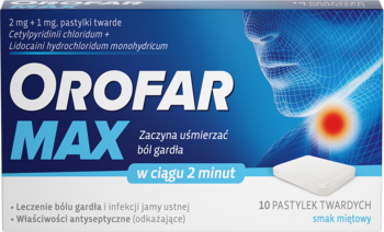 Orofar Max miętowe pastylki na ból gardła, 10 sztuk, granatowe pudełko z grafiką gardła, widok z przodu.