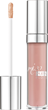 Błyszczyk Miss Pupa Gloss, jasnoróżowy, z widocznym aplikatorem i otwartą buteleczką, ujęcie z przodu.
