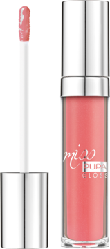 Błyszczyk Pupa Miss Gloss w brzoskwiniowym odcieniu z wyjętym aplikatorem na jasnym tle.