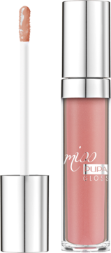 Błyszczyk do ust Miss PUPA Gloss, jasnoróżowy, w przezroczystej tubce ze srebrną nakrętką i wyjętym aplikatorem.