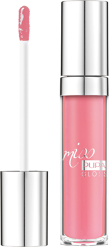 Różowy błyszczyk miss PUPA GLOSS z otwartą buteleczką i aplikatorem, dający efekt pełnych ust.