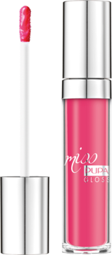 Różowy, półprzezroczysty błyszczyk Miss PUPA GLOSS z aplikatorem. Widok butelki i pędzelka o krystalicznym blasku.