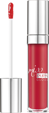 Czerwony błyszczyk do ust Miss Pupa Gloss, butelka z przezroczystego szkła i wyjętym aplikatorem.