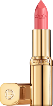 L'Or'eal Color Riche satynowa pomadka, r&oacute;&zowa, w złotym opakowaniu, z logo "R" na otwartym wieczku. Zbliżenie na produkt.