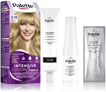 Zestaw farby do włosów Schwarzkopf Palette Intensive Color Creme 12-46 blond: fioletowe pudełko, tuba, butelka i saszetka.