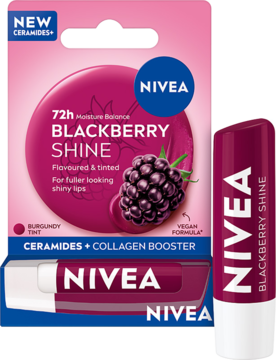 NIVEA Blackberry Shine pomadka w różowo-burgundowym opakowaniu z jeżynami i sztyftem. Tint, 72h nawilżenia.