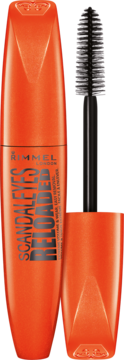 Pomarańczowy tusz do rzęs Rimmel Scandaleyes Reloaded z wysuniętą czarną szczoteczką, widok z przodu.