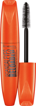Pomarańczowy tusz do rzęs Rimmel Scandaleyes Reloaded z wysuniętą czarną szczoteczką, widok z przodu.