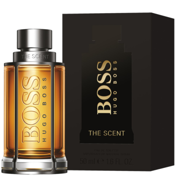 Hugo Boss The Scent męska woda toaletowa w bursztynowej butelce i jej czarne opakowanie.