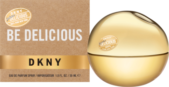 DKNY Be Delicious Gold damska woda perfumowana, złoty flakon w kształcie jabłka obok brązowego pudełka.