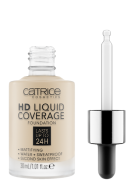 Beżowy podkład Catrice HD Liquid Coverage Foundation z pipetą, butelka stojąca, obok aplikator.