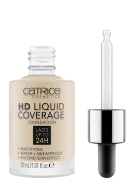 Beżowy podkład Catrice HD Liquid Coverage Foundation z pipetą, butelka stojąca, obok aplikator.