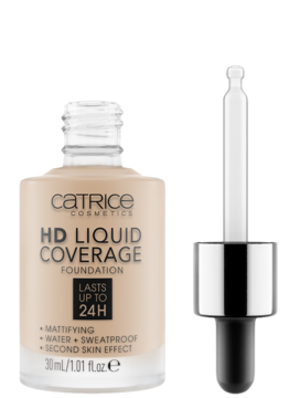 Matujący podkład Catrice HD Liquid Coverage 24H, beżowy, w butelce z pipetą, widok z przodu.