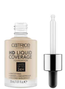 Jasnobeżowy podkład Catrice HD Liquid Coverage w szklanej butelce, z widocznym obok aplikatorem-pipetą.
