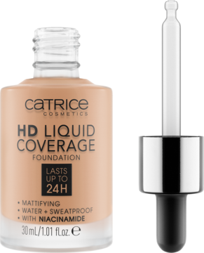 Matujący podkład Catrice HD Liquid Coverage, beżowy, w szklanej butelce z pipetą. Wysokie krycie 24h.