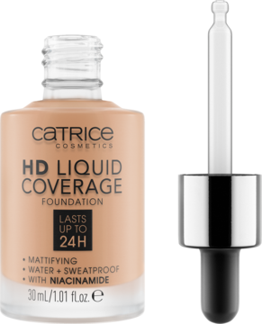 Matujący podkład Catrice HD Liquid Coverage, beżowy, w szklanej butelce z pipetą. Wysokie krycie 24h.