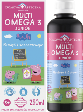 Domowa Apteczka Multi Omega 3 Junior z Peppa Pig, butelka z różową etykietą i pudełko z tropikalnym smakiem.