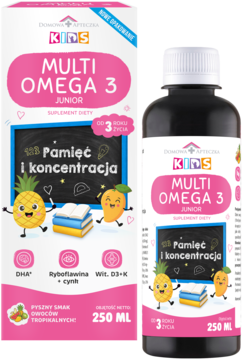 Multi Omega 3 Junior 250 ml, różowo-białe pudełko i ciemna butelka. Suplement dla dzieci na pamięć, widok z przodu.